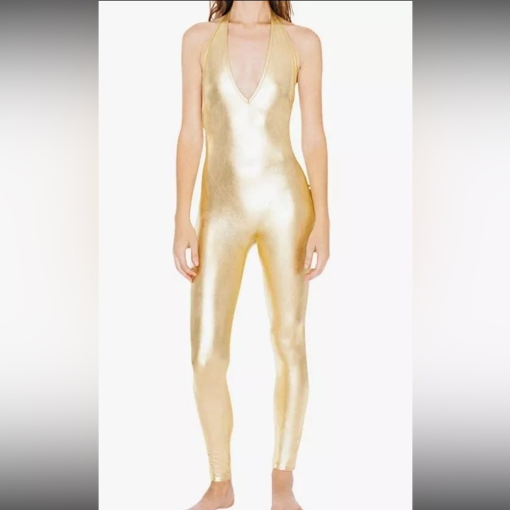 American Apparel Gold Lamé Metallic Halter Catsuit
